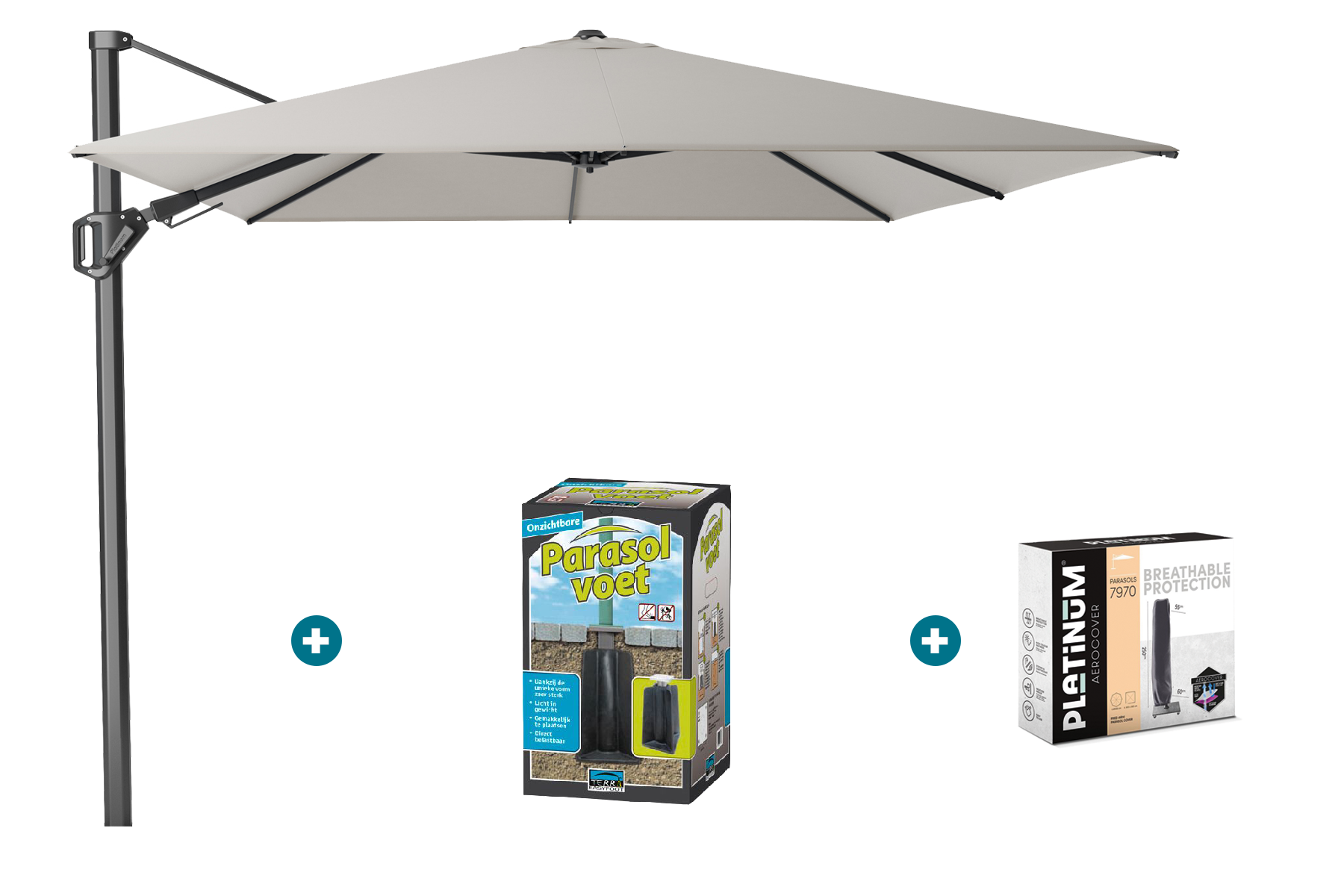 Platinum Challenger zweefparasol T2 Premium - 3,5x2,6 m. - Manhattan met ingraafvoet en hoes