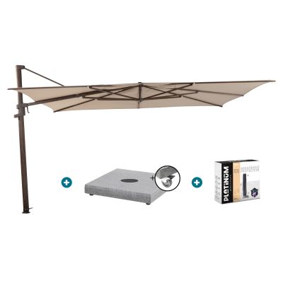 4 Seasons Finca zweefparasol 4x3 m - Zand/ Donkere houtlook met Finca voet en hoes