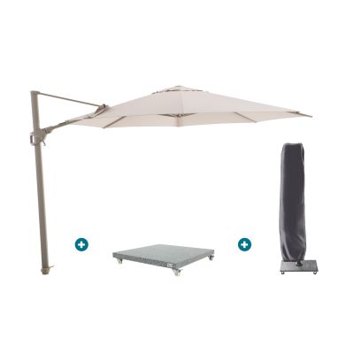Perfect Shadow Luna ronde zweefparasol Ø350 cm. Flex+ - Latte/Soft Sand met Valencia voet en hoes