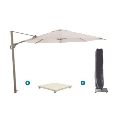 Perfect Shadow Luna ronde zweefparasol Ø350 cm. Flex+ - Latte/Soft Sand met Murcia voet en hoes