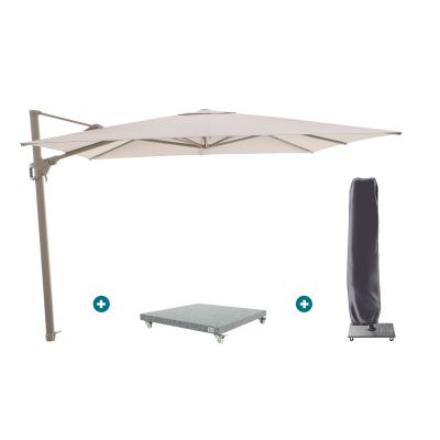 Perfect Shadow Luna zweefparasol 300x300 cm. Flex+ - Latte/Soft Sand met Valencia voet en hoes