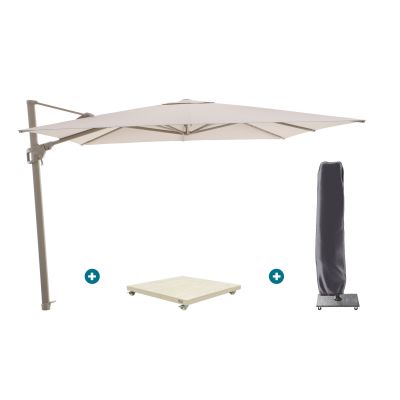 Perfect Shadow Luna zweefparasol 300x300 cm. Flex+ - Latte/Soft Sand met Murcia voet en hoes