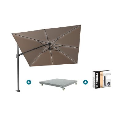 Platinum Challenger Zweefparasol T2 Premium Glow 3x3 m. - Havana Taupe met voet en hoes