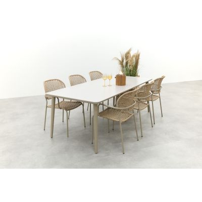 Noa/Sofia stapelbare wicker dining tuinset voor 6 personen 220x100 cm. - Latte