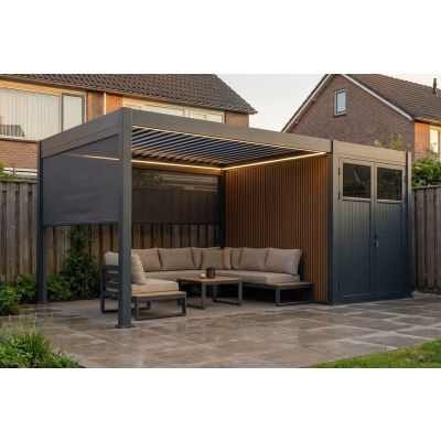 Lamellen Overkapping 4x3 m. Aluminium - Elektrisch Dak & LED Verlichting, incl. berging 3x2 m.- Move Deluxe Antraciet