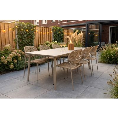 Noa/Sofia stapelbare wicker dining tuinset voor 6 personen 220x100 cm. - Latte