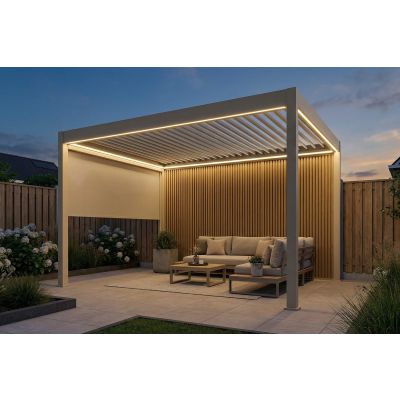 Lamellen Overkapping 4x3 m. Aluminium - Elektrisch Dak & LED Verlichting - Move Deluxe Zand