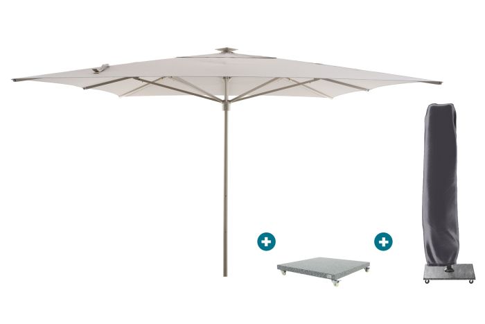 Perfect Shadow Atlas Telescope Stokparasol Pro met LED verlichting 4x4 m. - Latte/Urban Taupe met Madrid voet en beschermhoes