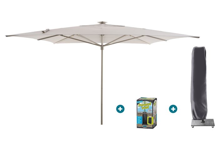 Perfect Shadow Atlas Telescope Stokparasol Pro met LED verlichting 4x4 m. - Latte/Urban Taupe met ingraafvoet en beschermhoes