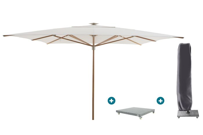 Perfect Shadow Atlas Telescope Stokparasol Pro met LED verlichting 4x4 m. - Woodlook/Soft Sand met Madrid voet en hoes