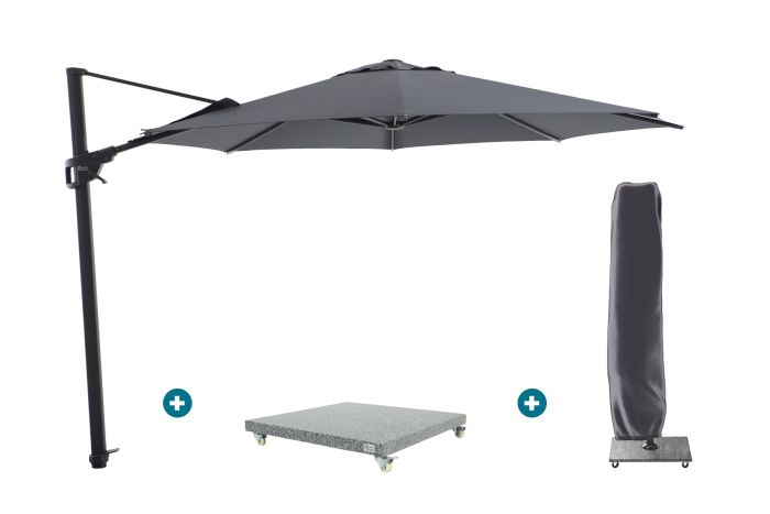 Perfect Shadow Luna ronde zweefparasol Ø350 cm. Flex+ Antraciet met Valencia voet en hoes