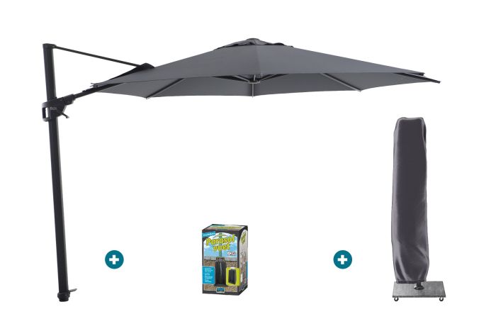 Perfect Shadow Luna ronde zweefparasol Ø350 cm. Flex+ Antraciet met ingraafbare voet en hoes