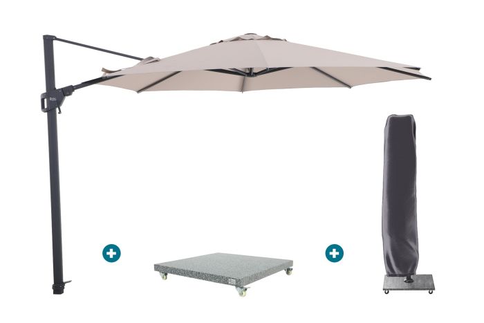 Perfect Shadow Luna ronde zweefparasol Ø350 cm. Flex+ - Antraciet/Urban Taupe met Valencia voet en hoes