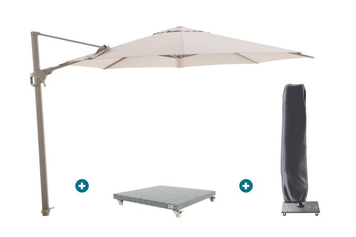 Perfect Shadow Luna ronde zweefparasol Ø350 cm. Flex+ - Latte/Soft Sand met Valencia voet en hoes