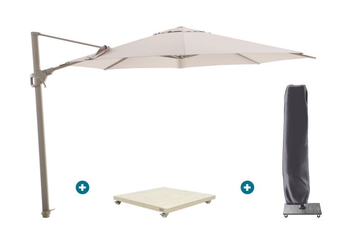 Perfect Shadow Luna ronde zweefparasol Ø350 cm. Flex+ - Latte/Soft Sand met Murcia voet en hoes