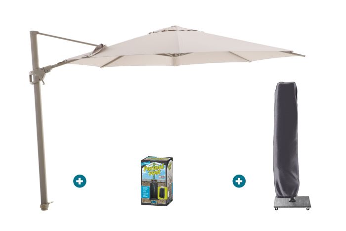 Perfect Shadow Luna ronde zweefparasol Ø350 cm. Flex+ - Latte/Soft Sand met ingraafbare voet en hoes
