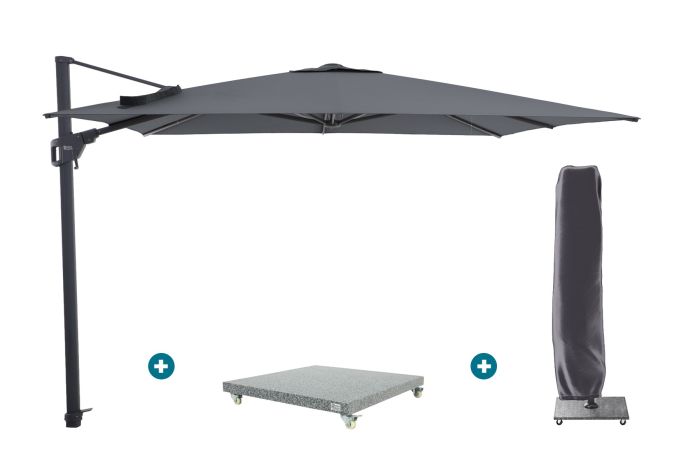 Perfect Shadow Luna zweefparasol 300x300 cm. Flex+ - Antraciet met Valencia voet en hoes