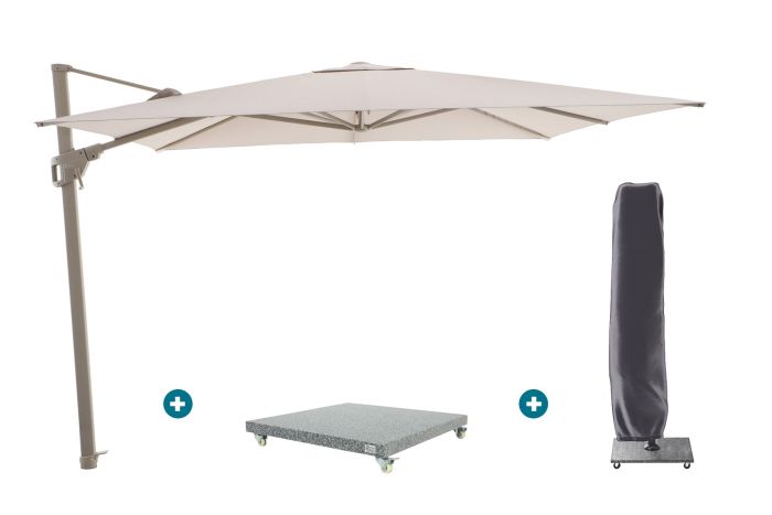 Perfect Shadow Luna zweefparasol 300x300 cm. Flex+ - Latte/Soft Sand met Valencia voet en hoes