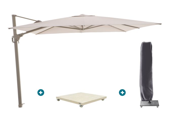 Perfect Shadow Luna zweefparasol 300x300 cm. Flex+ - Latte/Soft Sand met Murcia voet en hoes