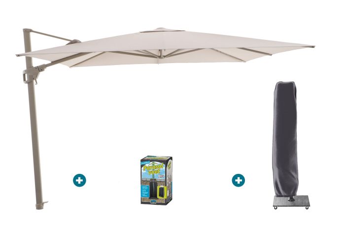 Perfect Shadow Luna zweefparasol 300x300 cm. Flex+ - Latte/Soft Sand met ingraafbare voet en hoes