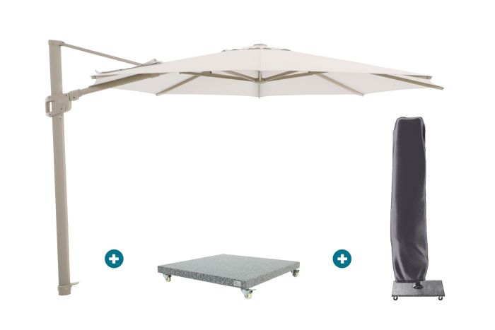 Perfect Shadow Eclipse ronde zweefparasol Ø350 cm. - Latte/Urban Taupe met Valencia voet en hoes
