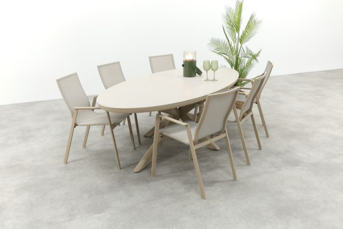 Atmos/Ventaro stapelbare ovale tuinset 240x115 cm. - Latte