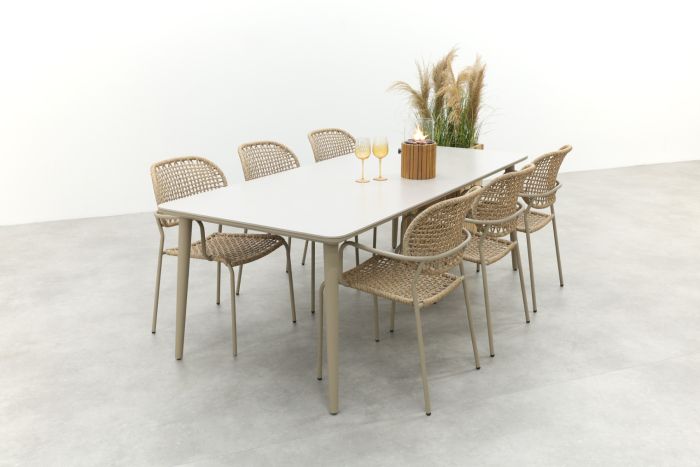 Noa/Sofia stapelbare wicker dining tuinset voor 6 personen 220x100 cm. - Latte