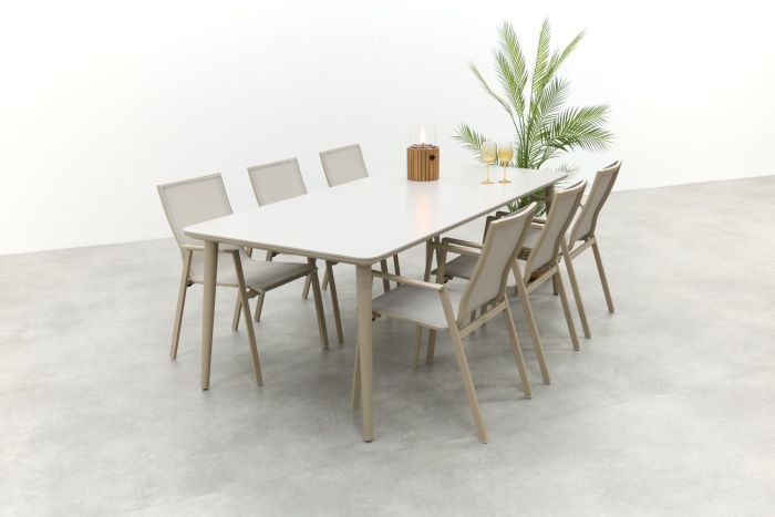 Atmos/Sofia stapelbare aluminium dining tuinset voor 6 personen 220x100 cm. - Latte