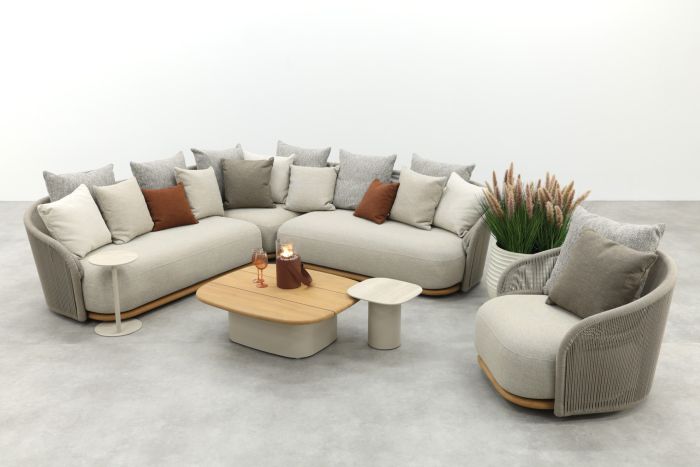 Loom rope loungeset met teak detail + roterende loungestoel - Mokka