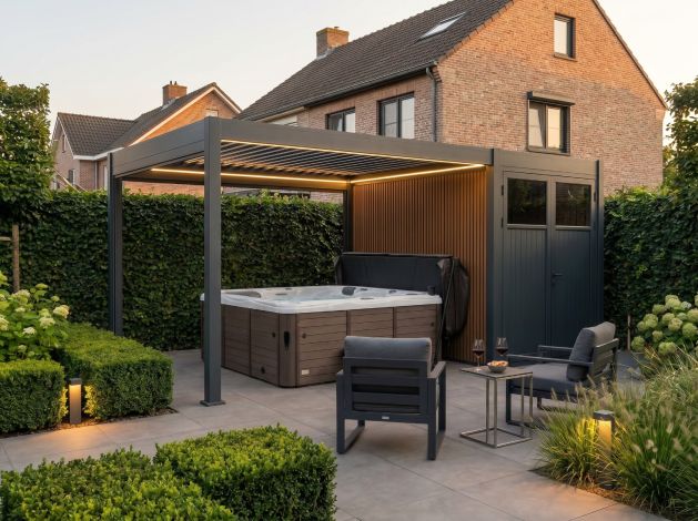 Lamellen Overkapping 4x3 m. Aluminium - Elektrisch Dak & LED Verlichting, incl. berging 3x2 m.- Move Deluxe Antraciet