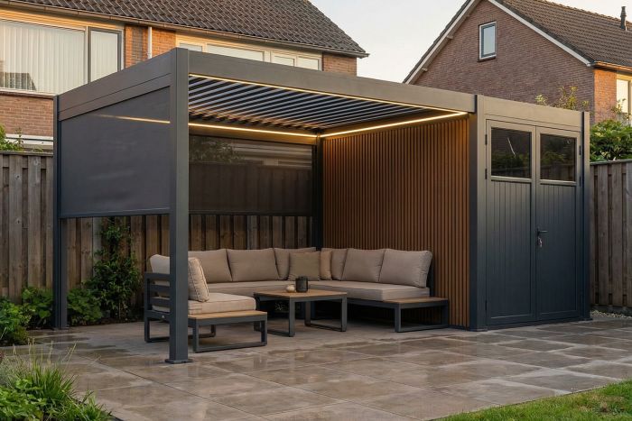 Lamellen Overkapping 4x3 m. Aluminium - Elektrisch Dak & LED Verlichting, incl. berging 3x2 m.- Move Deluxe Antraciet