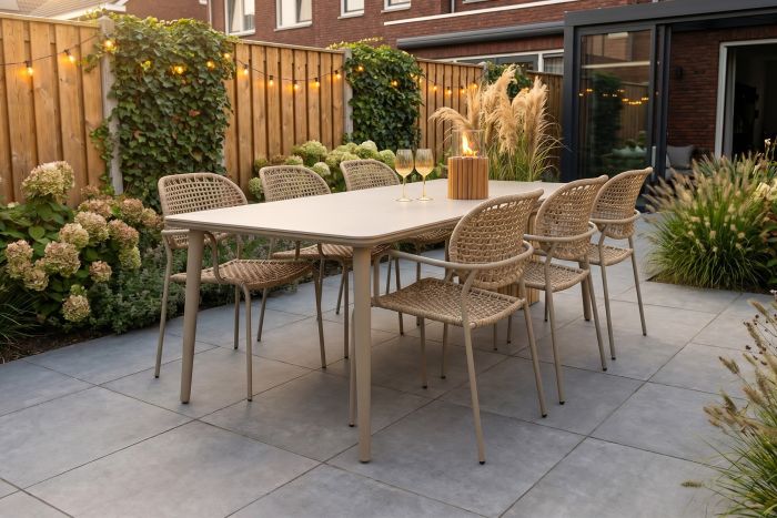 Noa/Sofia stapelbare wicker dining tuinset voor 6 personen 220x100 cm. - Latte