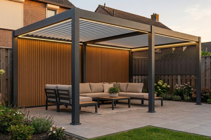 Lamellen Overkapping 6x4 m. Aluminium - Elektrisch Dak & LED Verlichting - Advance Antraciet