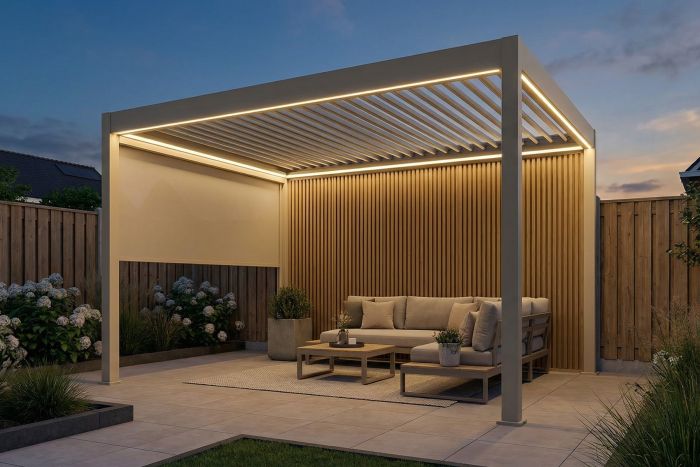 Lamellen Overkapping 4x3 m. Aluminium - Elektrisch Dak & LED Verlichting - Move Deluxe Zand