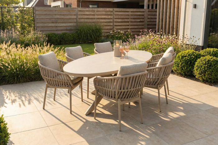 Romeo/Ventaro ovale tuinset voor 6 personen 240x115 cm. - Latte