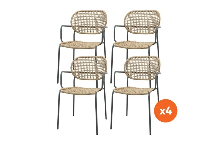 Set van 4 - Noa stapelbare naturel wicker dining tuinstoel - Antraciet