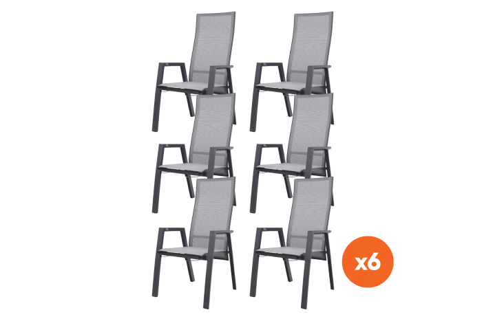 Set van 6 - Azoren verstelbare dining tuinstoelen (incl. kussen) - Antraciet