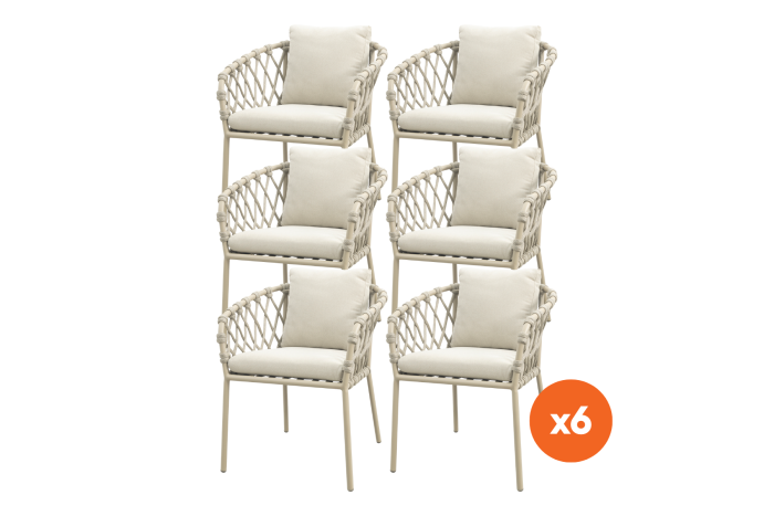 Set van 6 - Sara dining tuinstoelen - Rope/Latte