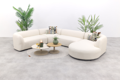 Madeira/Sara ronde u-vorm loungeset + chaise longue links - Naturel Sunbrella/Teak