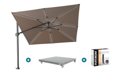 Platinum Challenger Zweefparasol T2 Premium Glow 3x3 m. - Havana Taupe met voet en hoes