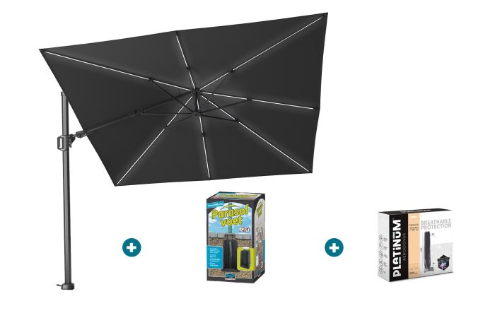 Platinum Challenger Zweefparasol T2 Premium Glow 3x3 m. - Faded Black met ingraafvoet en hoes