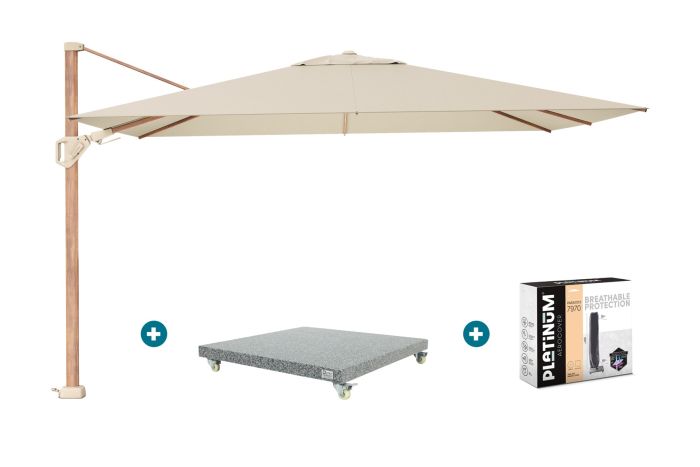 Platinum Challenger zweefparasol Premium T2 2,6x3,5 m - Champagne teak + voet en hoes
