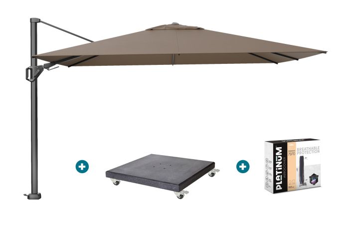Platinum Challenger zweefparasol Premium T2 2,6x3,5 m - Havana Taupe met Marbella voet en hoes