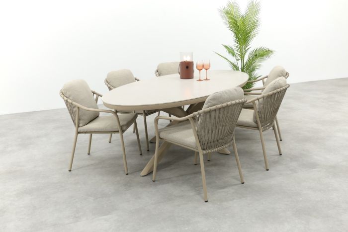 Pisa/Ventaro ovale tuinset voor 6 personen 240x115 cm. - Latte