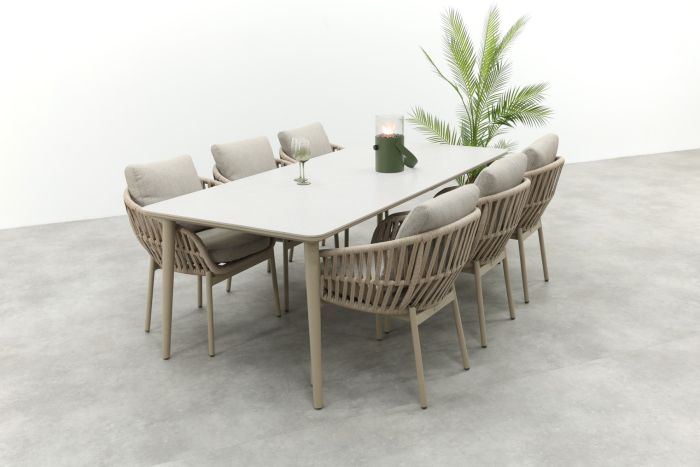 Romeo/Sofia rope dining tuinset voor 6 personen 220x100 cm. - Latte