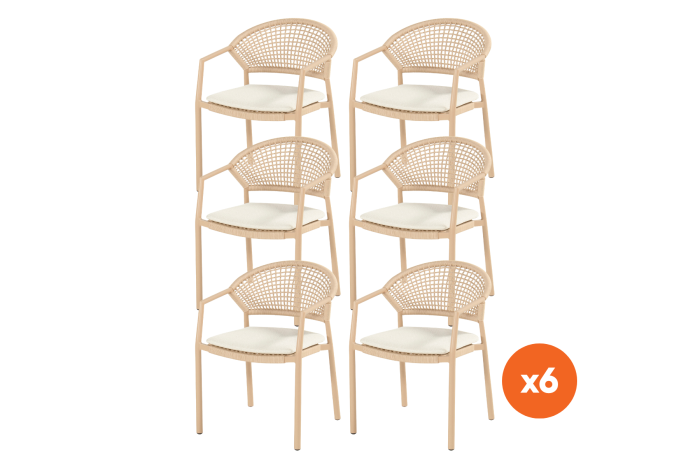 Set van 6 - Hartman Taragona stapelbare rope dining tuinstoel - Cappuccino