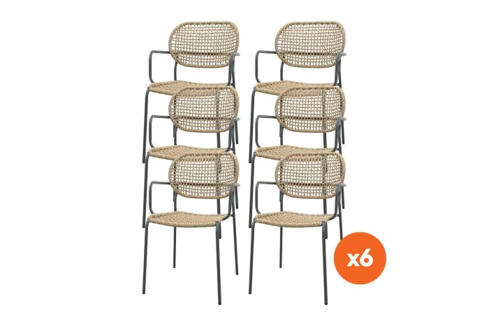 Set van 6 - Noa stapelbare naturel wicker dining tuinstoel - Antraciet